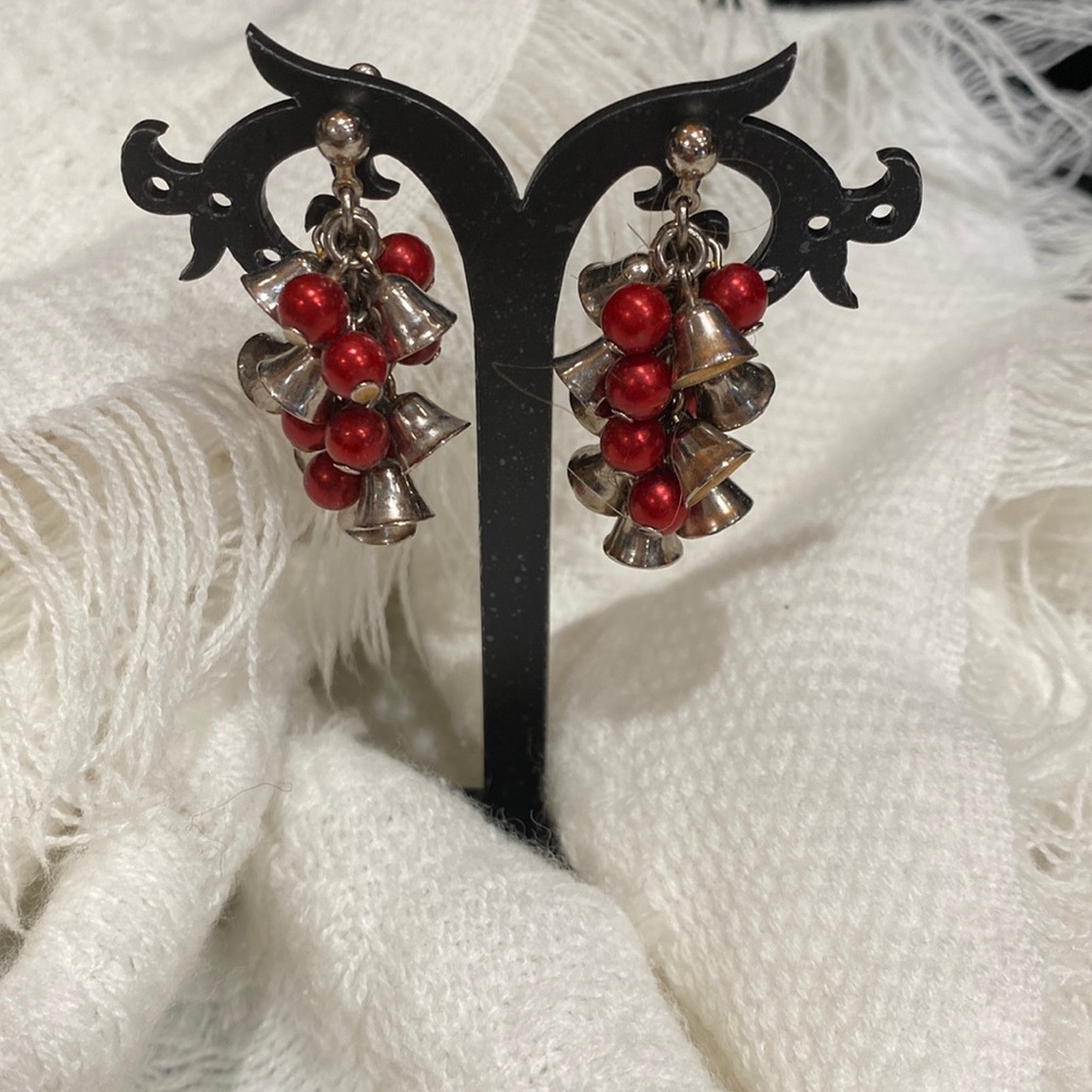 Silver Bells with red berries pierced dangle earrings Silver hardware EUC